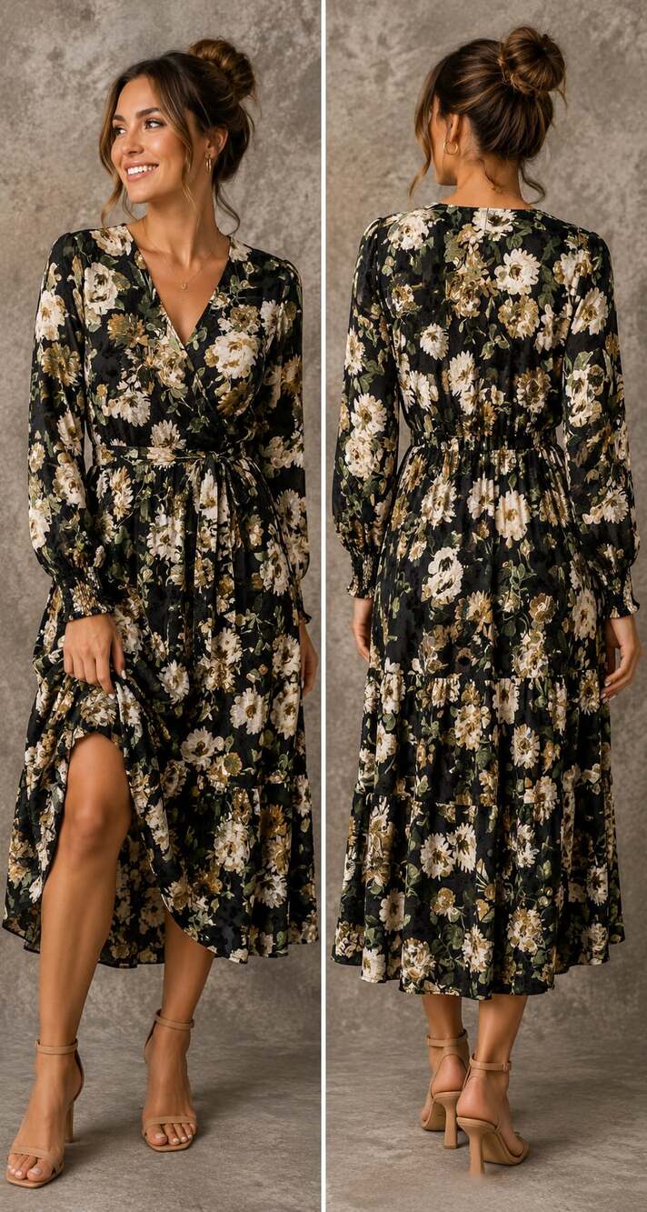 AVLN STUDIO Women's Black and Gold Floral Long Sleeve Midi Wrap Dress